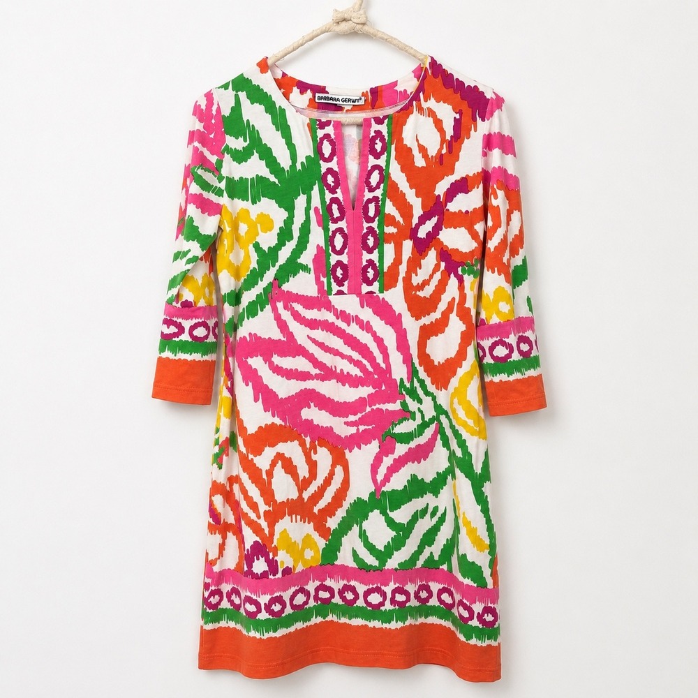 Barbara Gerwit‎ Floral Knit Dress Womens Size M Pink Orange Preppy Resort Cotton